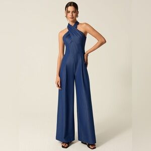 NWT Commense Blue Denim Wide-Leg Halter Jumpsuit XS